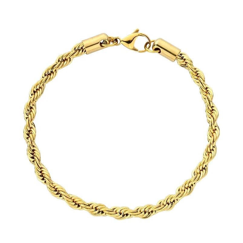 Gemnel Men Fashion Jewelry 316L Stainless Steel Pvd Gold 5mm Twisted Rope Chain Bracelet
