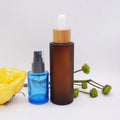 Flat Shoulder  100ml 1oz Blue  2oz Amber Glass Dropper Bottle  with Dark Texture Wooden Push Button Dropper