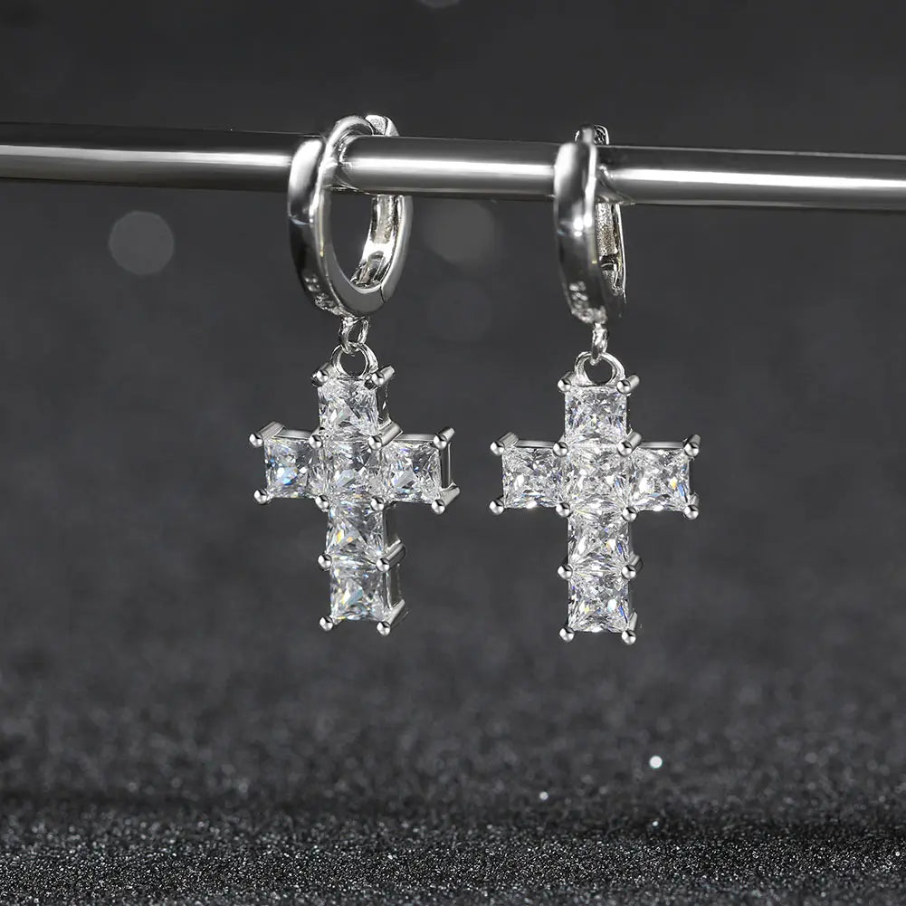 RINNTIN LZE13 Women's Fine Fashion Silver 925 Crucifix Shape Drop Earrings Small Hoop New Trendy Cross Jewelry for Parties