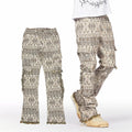 Organic Cotton Woven Tapestry Details Denim Pants Streetwear Style Frayed-Hems Stacked Flared Leg Tapestry Pants