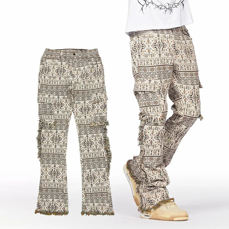 Organic Cotton Woven Tapestry Details Denim Pants Streetwear Style Frayed-Hems Stacked Flared Leg Tapestry Pants