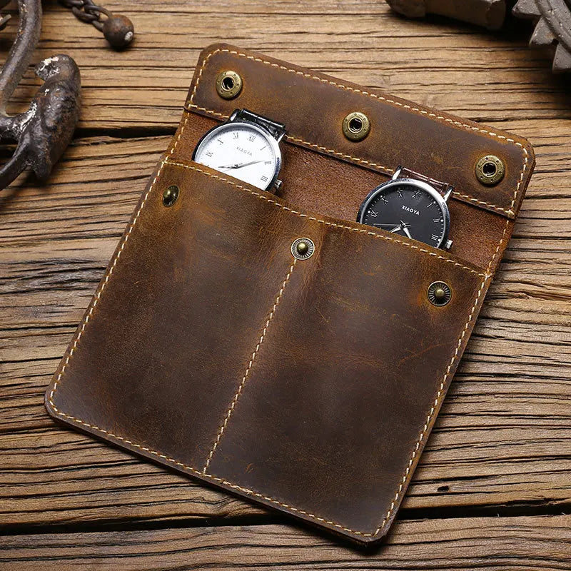 YUNSE Low MOQ Folding Waterproof Waxed Genuine Leather Travel Watch Roll up Pouch Organizer with 2 Slot Pockets