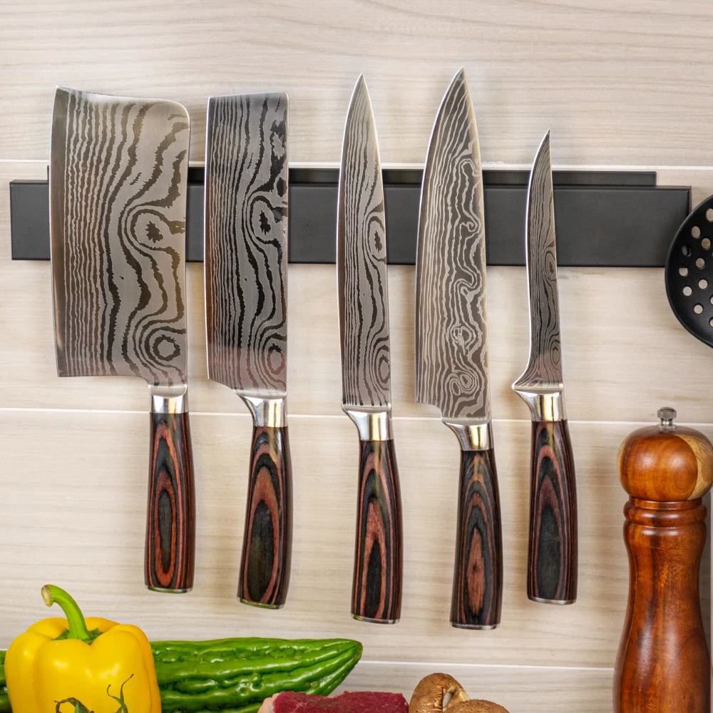 Hot Sale 5 Pcs Japanese Stainless Steel Pakka Wood Handle Damascus Laser Pattern Kitchen Knife Set