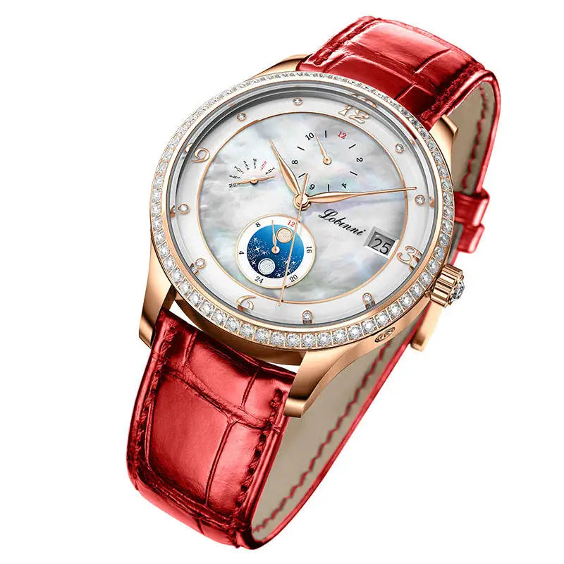 For LOBINNI Luxury Womens Automatic Wrist Watch New Design Skeleton Leather Band Glass Dial Beautiful Mechanical for Females
