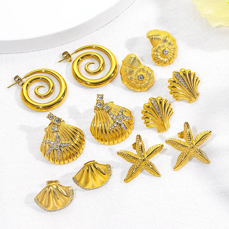 18K Gold Plated Stainless Steel Jewelry Ocean Collection Shell Stud Earrings for Engagement or Anniversary Gifts