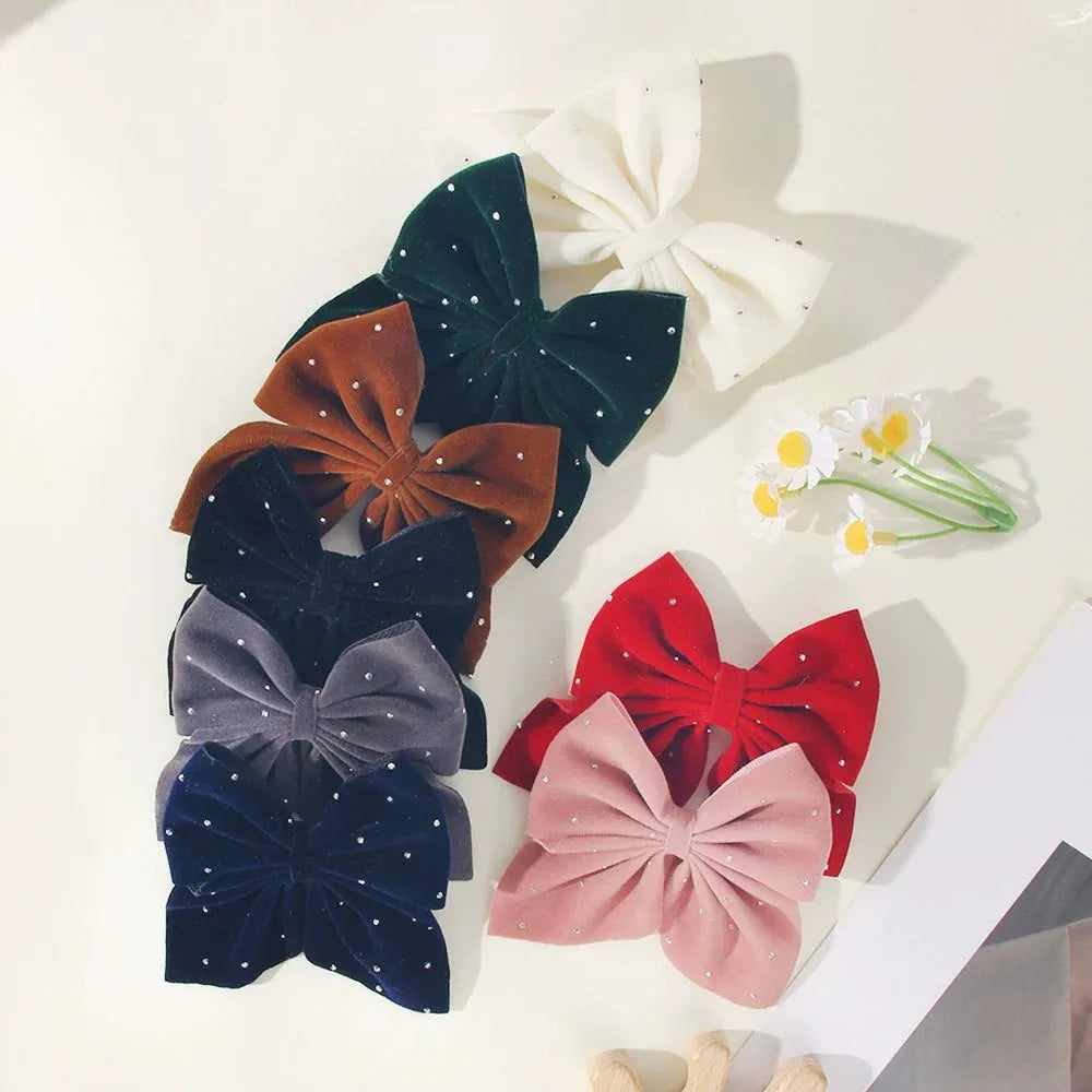 Wholesale Velvet Fabric Hair Bow With Clips for Girls Rhinestones Shining Hair Bows for Girl Accessories