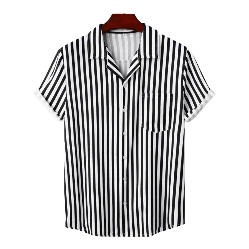 New Men's Shirt Hawaii Ice Silk Print Flower Casual Striped Shirt for Men