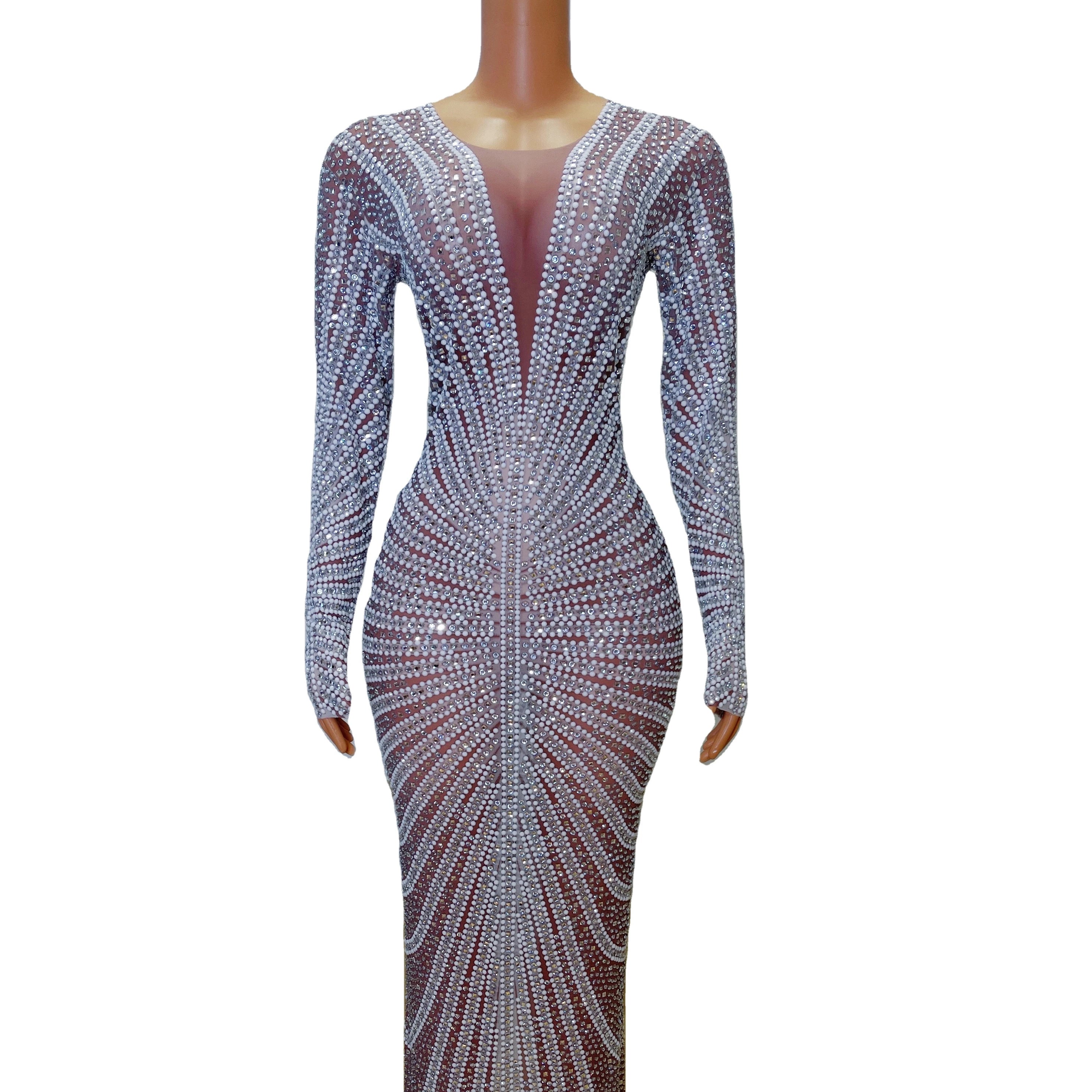 Luxury Pearls Dresses Sexy Rhinestones Long See Through Birthday Celebrate Dress Prom Outfit Bar Dance Dresses