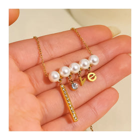 Creative Classic Stainless Steel 18K Gold Plated CZ Shell Pearls Link Chain Charms LOVE Necklace for Women Tarnish Free Jewelry