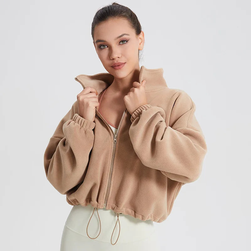 Autumn and Winter Fleece Warm Sports Women's Thick Loose Stand Collar Yoga Clothes Zipper Cardigan Sweater