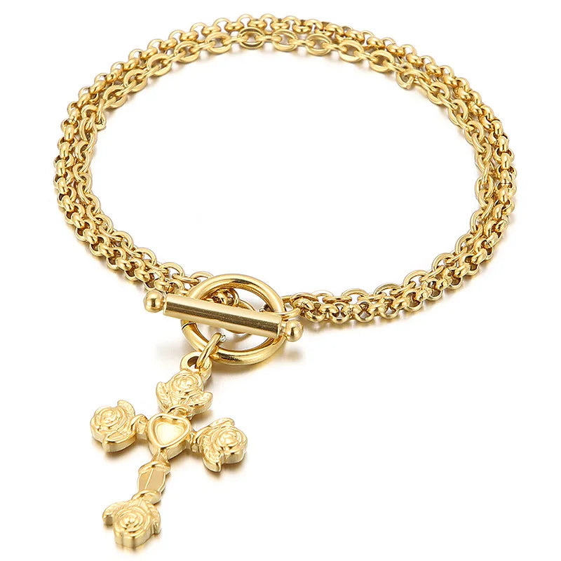 18k Gold Dainty Rolo Chain Bracelet Religious Prayer Jewelry Gift for Men Women Girls Cross Charm Stainless Steel Bracelet