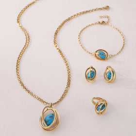 Fashion Blue Turquoise Globe Pendant Necklace Earrings Set Waterproof Stainless Steel PVD Gold Plated Jewelry Set