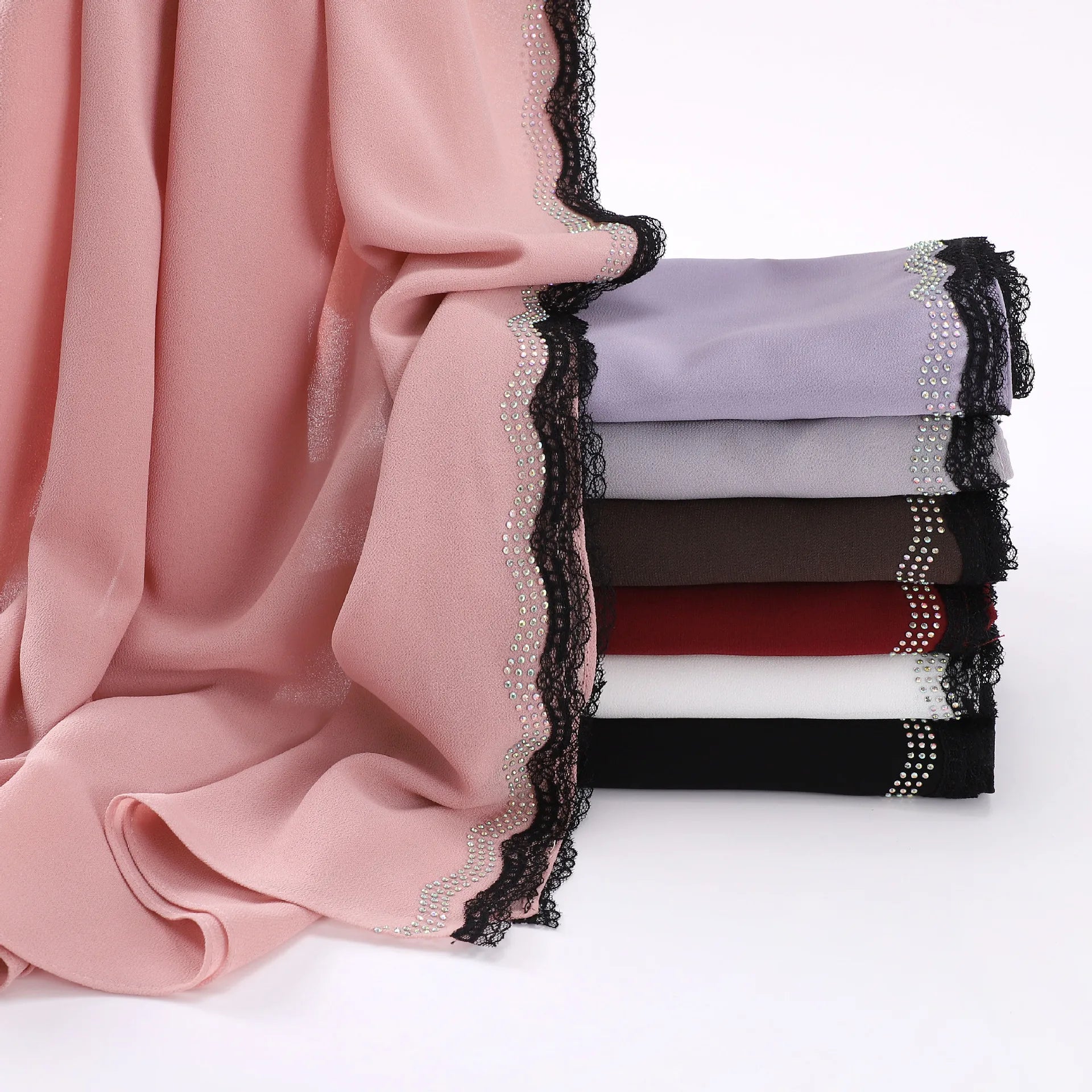 Zifeng OEM New Fashionable Eyelash Lace Sparkling Rhinestone Chiffon Scarf
