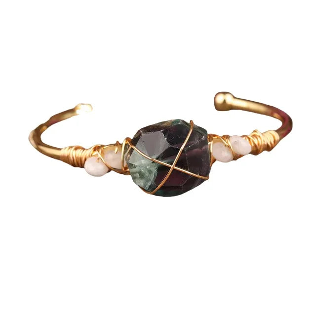 Natural Crystal Stone Nugget Beads Bracelets BangleWire Wrapped Gold Copper Open Cuff Bangles