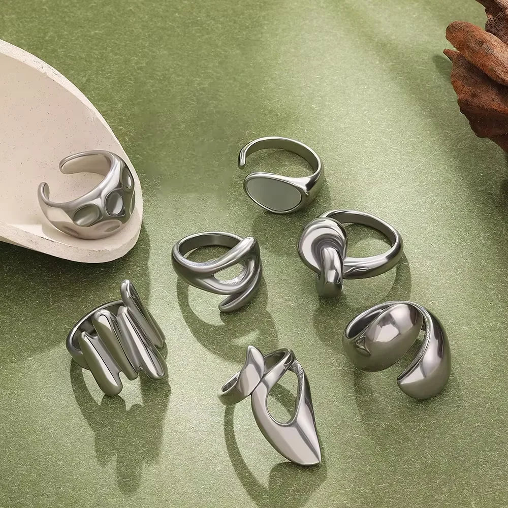 Non Tarnish Stainless Steel Irregular Geometric Rings Minimalist Smooth Wide Chunky Opening Ring Statement Jewelry for Women