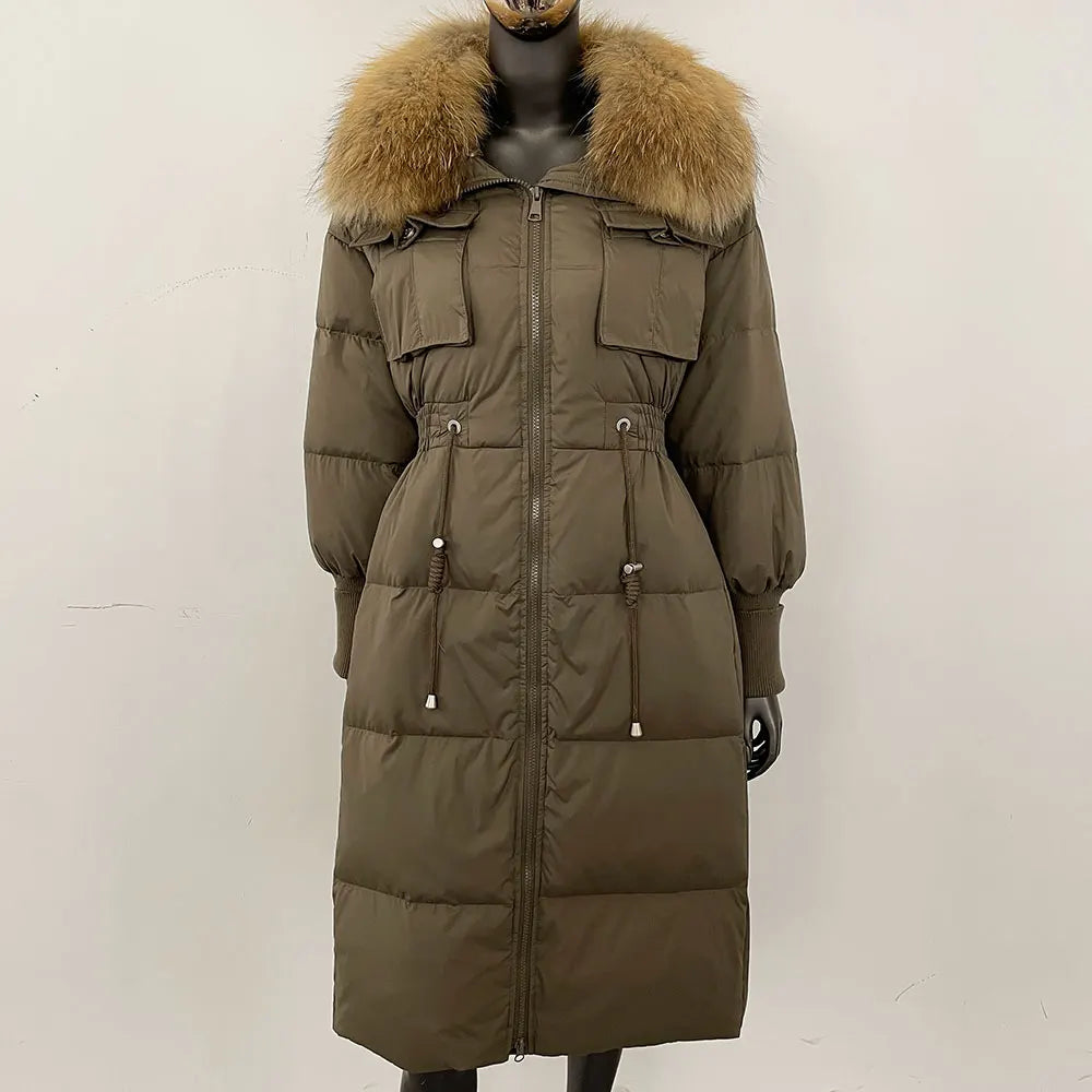 OFTBUY Winter Jacket for Women Long White Duck Coat Natural Raccoon Fox Fur Collar Elastic Thick Warm Casual Outerwear Windproof
