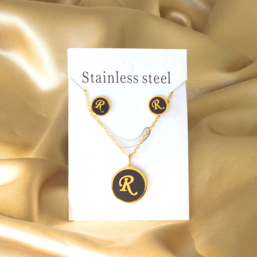 18k Gold Plated Initial Letter Necklace Earring Set Stainless Steel Necklace with Earrings Personalized A-z Alphabet Jewelry Set