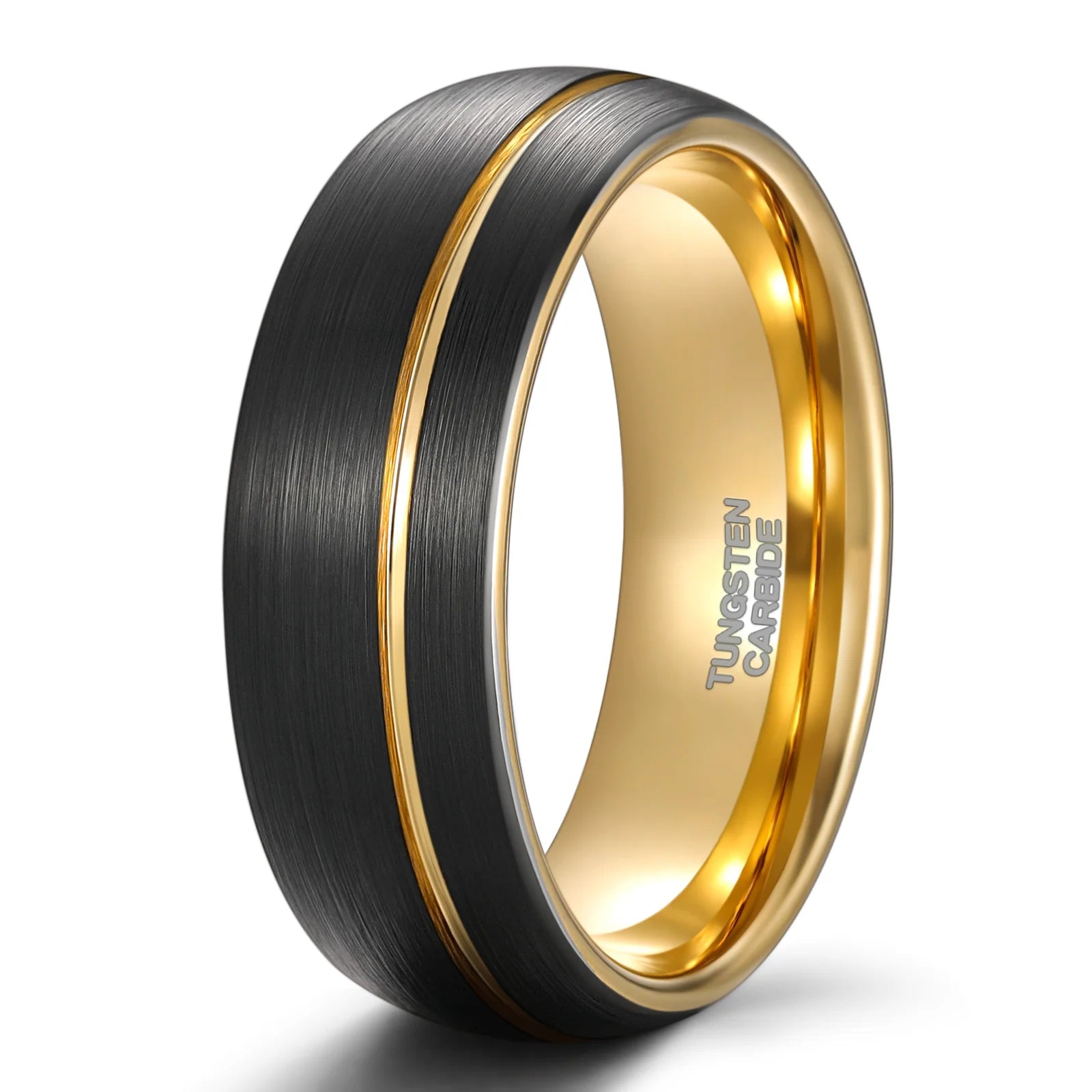 OAHLAN Fashion Jewelry 8mm Gold Groove Black Asymmetric Gold Thread Brushed Tungsten Ring for Men Women Wedding Engagement Gift