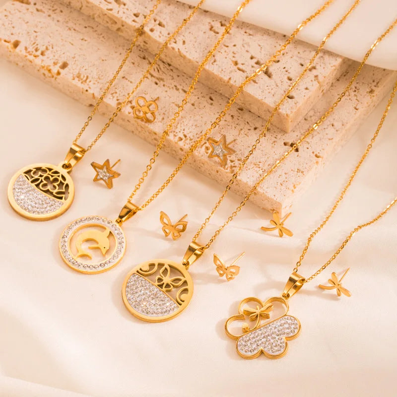 Dragonfly Flower Dolphin Icon Necklace Earrings Set 2-Piece Fashion Diamond-encrusted Pendant Titanium Steel Stainless Steel