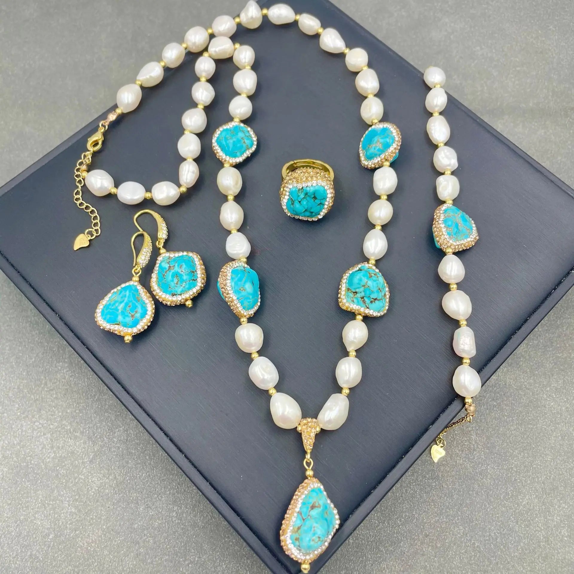 Inlaid Four Piece Freshwater Pearl Turquoise Bridal Irregular Boho Elegant Party Algerian Traditional Jewelry Set for Women