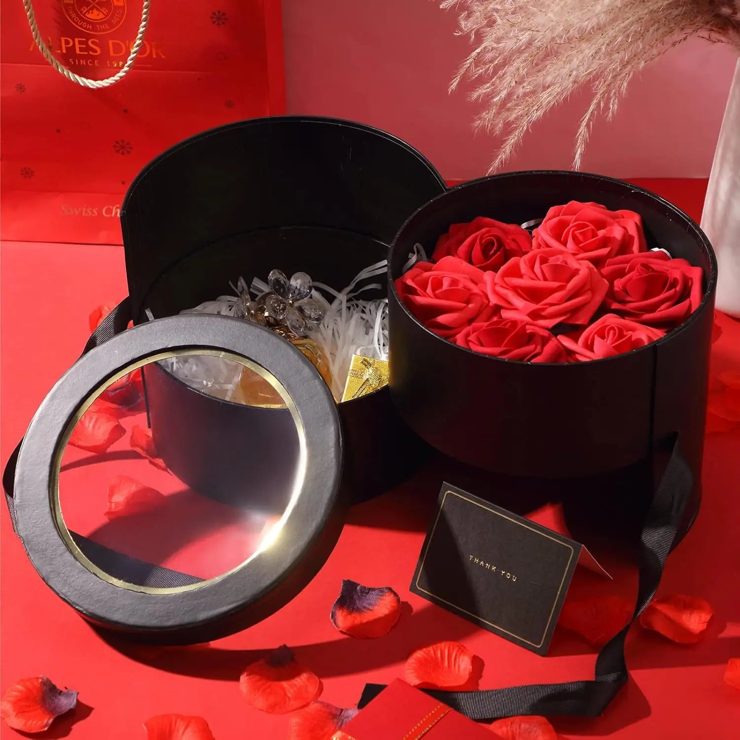 Round Flower Box Double Layer Rotating Floral Bouquet Box Jewelry Box Packaging for Luxury Birthday Wedding Gift Valentine's Day