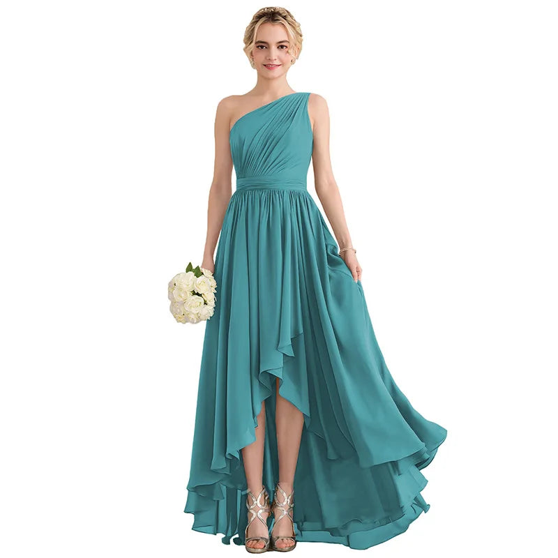 Women's One Shoulder Bridesmaid Dress Long Prom Gown High Low Chiffon Evening Dresses MegaBDM