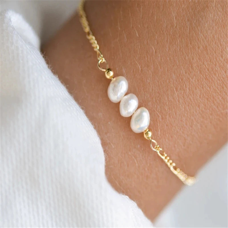 G4044 Wholesale 925 Sterling Silver 3 Freshwater Pearl Charm Chain Bracelet Fashion Simple Temperament Jewelry for Women
