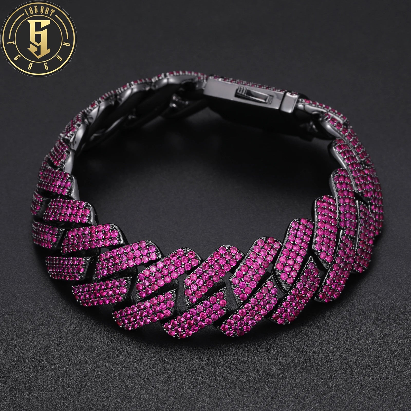 Factory Wholesale Hip Hop Jewelry Mens 20mm Black Plated Brass Prong 3 Rows Red 5A CZ Diamond Cuban Link Bracelet