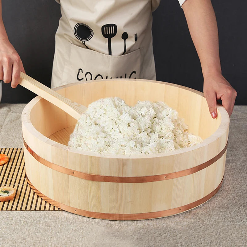 WanuoCraft Premium Wooden Rice Mixing Tub Customized Pinewood Sushi Rice Bowl for Sushi Lovers