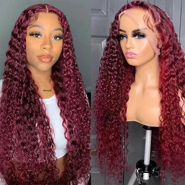 Wholesale Hot Selling Colored Wig Curly Human Hair Wigs Water Wave  99j Color Pre Plucked Burgundy Lace Wig