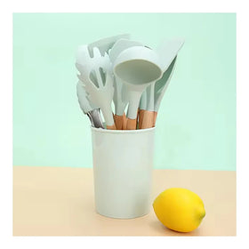 Factory Offer 12pcs Wholesale Cooking Utensils Baking Kitchen Accessories Silicone Kitchen Utensils with Wooden Handle