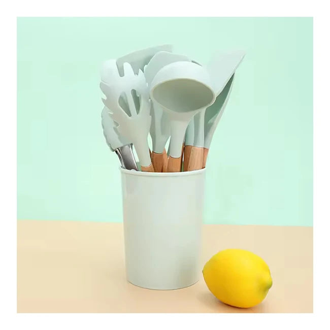 Factory Offer 12pcs Wholesale Cooking Utensils Baking Kitchen Accessories  Silicone Kitchen Utensils with Wooden Handle