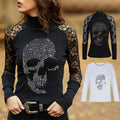 Womens Skull T Shirts Rhinestone Lace Sweatshirt High Neck Skeleton Tops Turtleneck Blouse Gothic Clothing