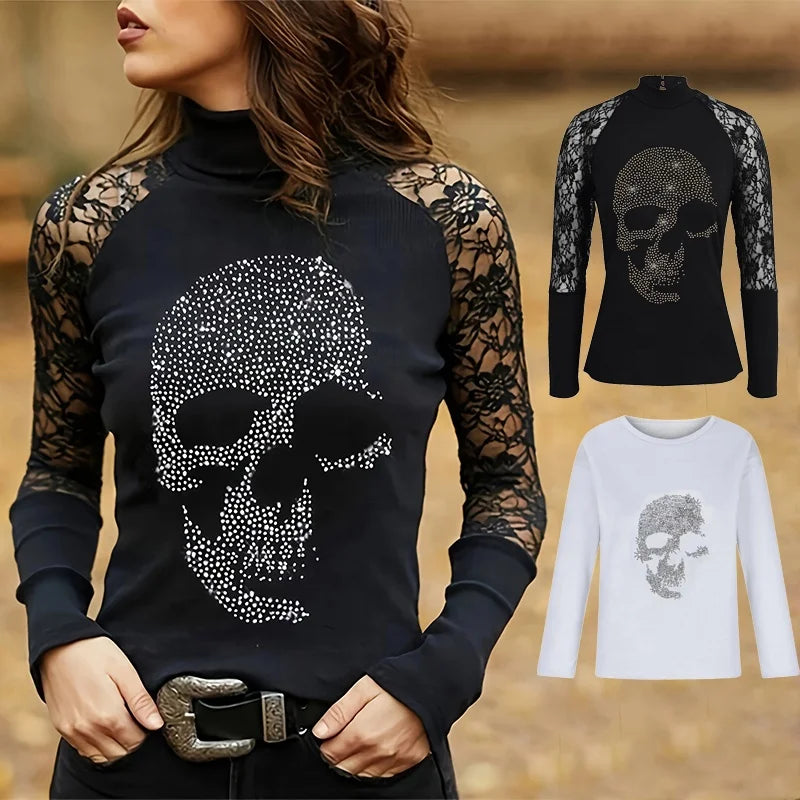 Womens Skull T Shirts Rhinestone Lace Sweatshirt High Neck Skeleton Tops Turtleneck Blouse Gothic Clothing