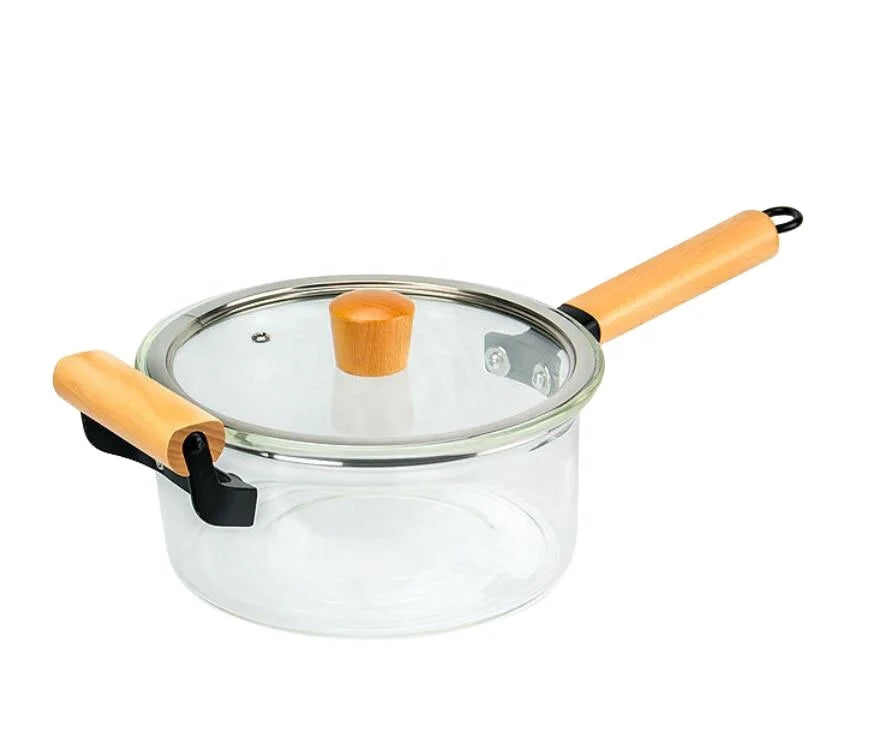 Japanese High Borosilicate Clear Glass Pot Eco-Friendly Small Wooden Base Easy Clean Cookware Set for Cooking Soup Gruel Stew