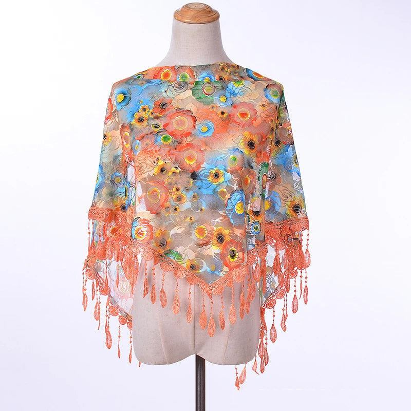 Women's Soft Triangle Shape Polyester Shawl Colorful Floral Pattern Lace Scarf with Fringe for Winter Wholesale