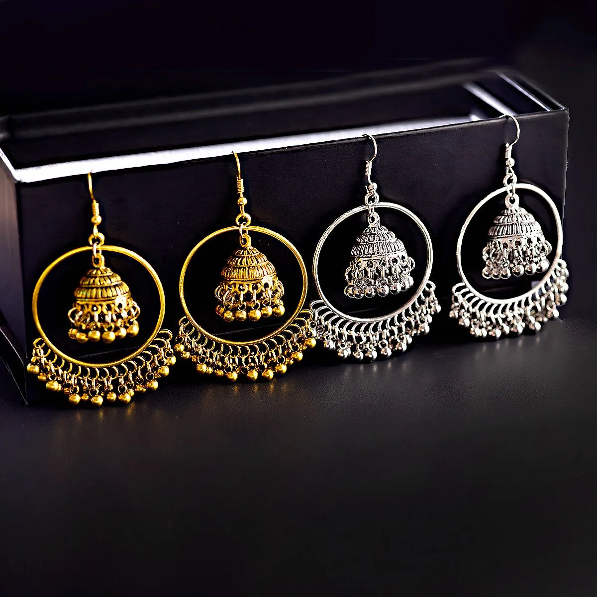 Round Turkish Vintage Jhumka Earrings Women's Silver Gold Bells Drop Ethnic Indian Turkey Jewelry Boho