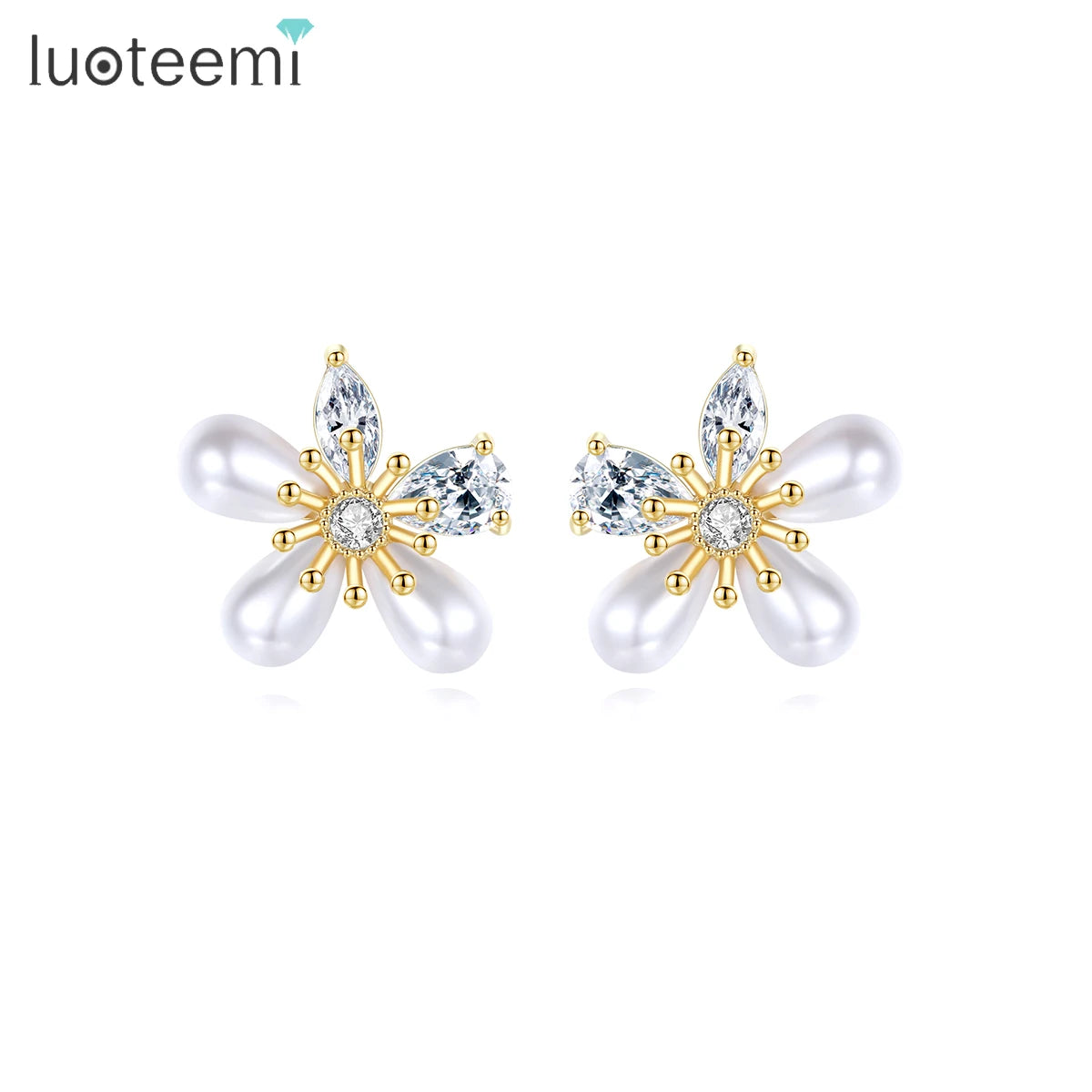 LUOTEEMI Elegant Korean Designer Zircon Lady Hot Sale Cute Earing for Girl Pearl and Flower Earring