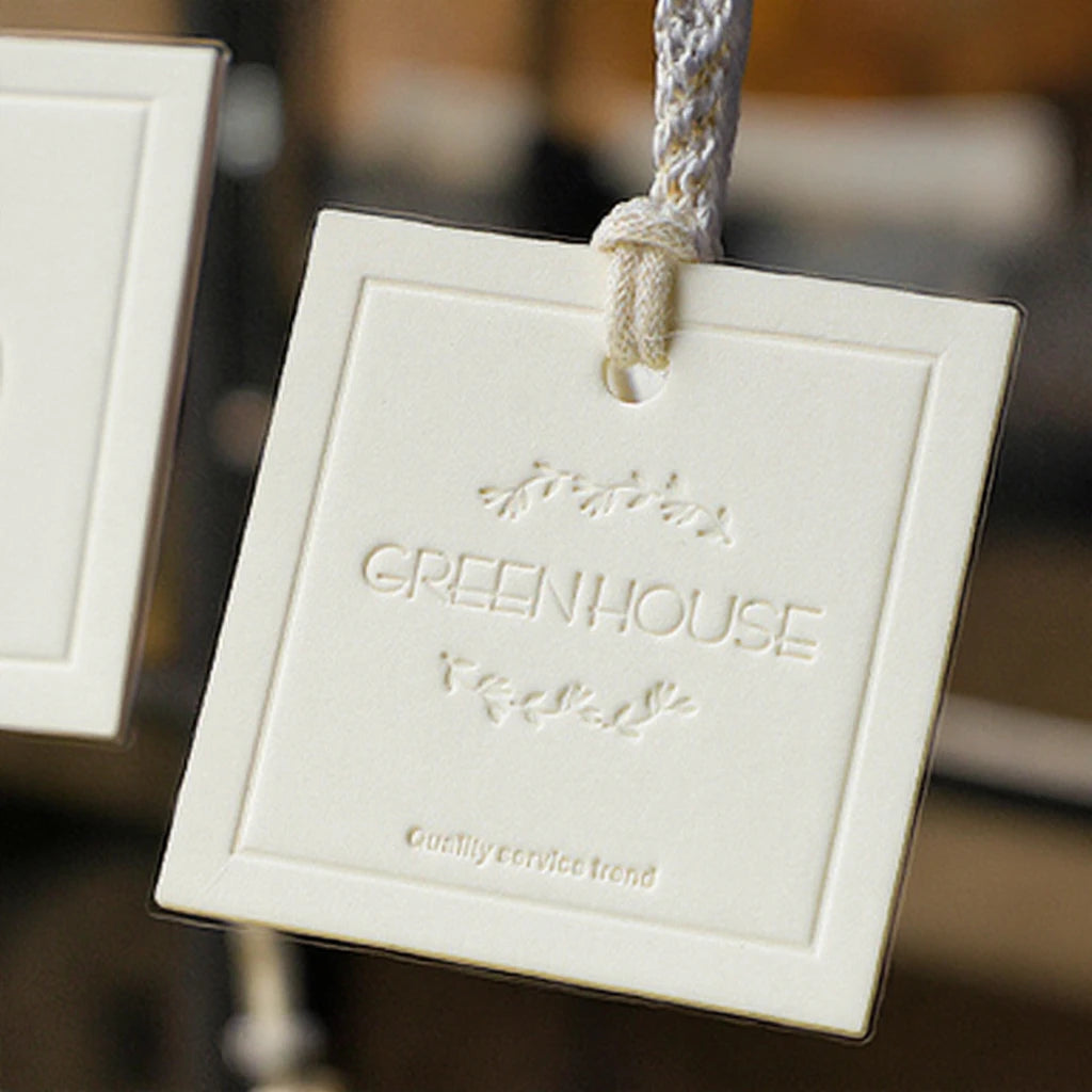 Custom Garment Hangtag with Gold Foil Logo China's Debossed Cardboard Paper Printing for Clothing String Attached