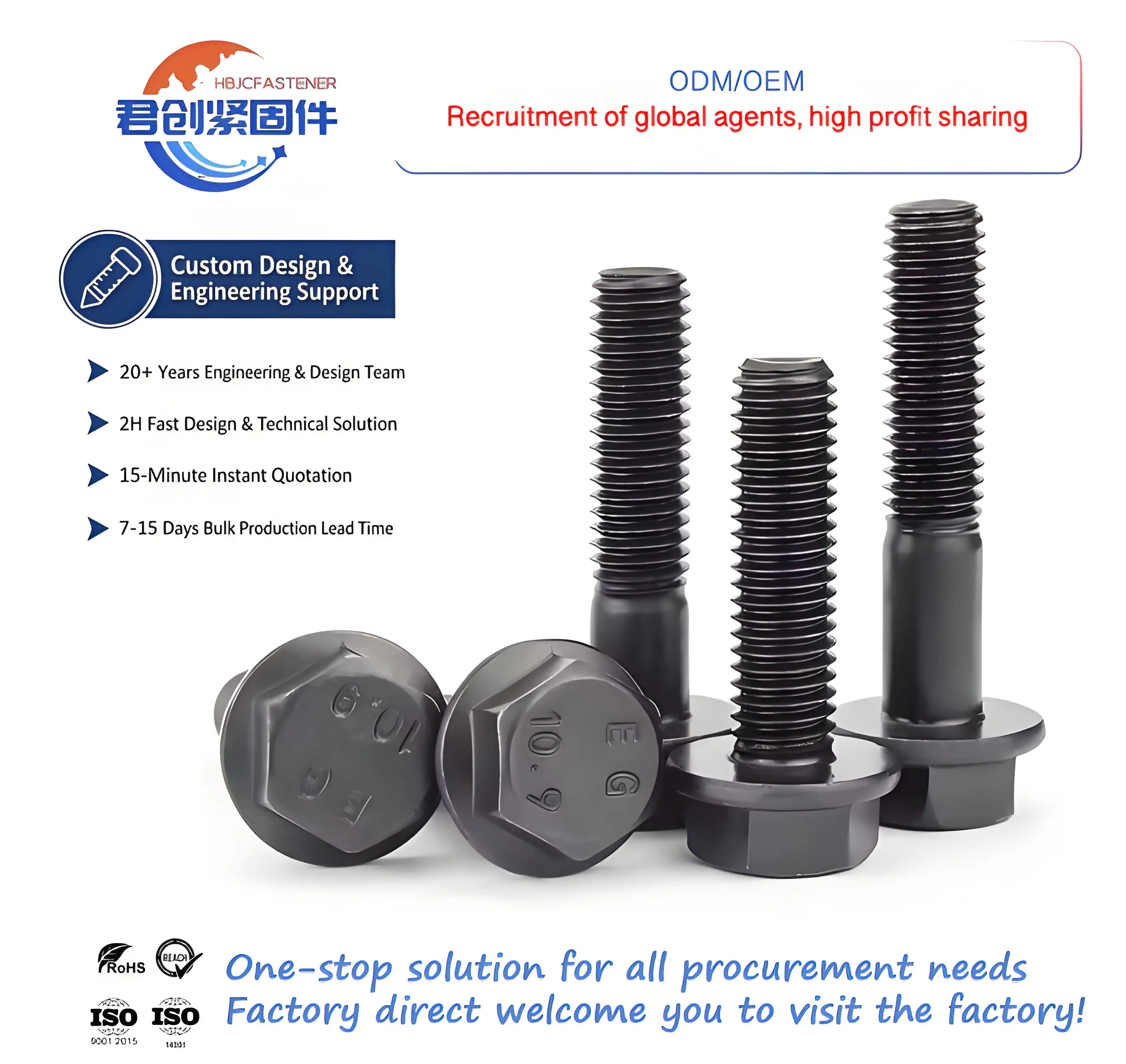 M5-M22 Black Oxide Carbon Din 6291 Carbon Steel Hexagon Flange Bolts Metric Anti-Slip Tooth with Plain Finish 8.8-10.9