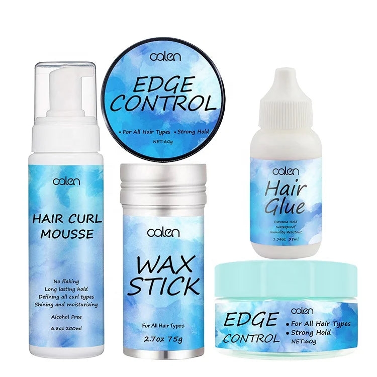 Private Label All in 5 Lace Glue Organic Natural Ingredients Heat Protection Curl Mousse Edge Control Wax Stick Hair Styling Kit