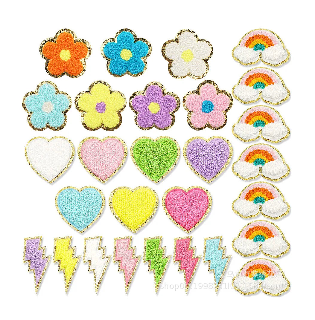 3D Embroidered Heart Patches Sequin Chenille 3M Self-adhesive Children's Clothes Appliques Stick-On Fabric Embroidered Technics