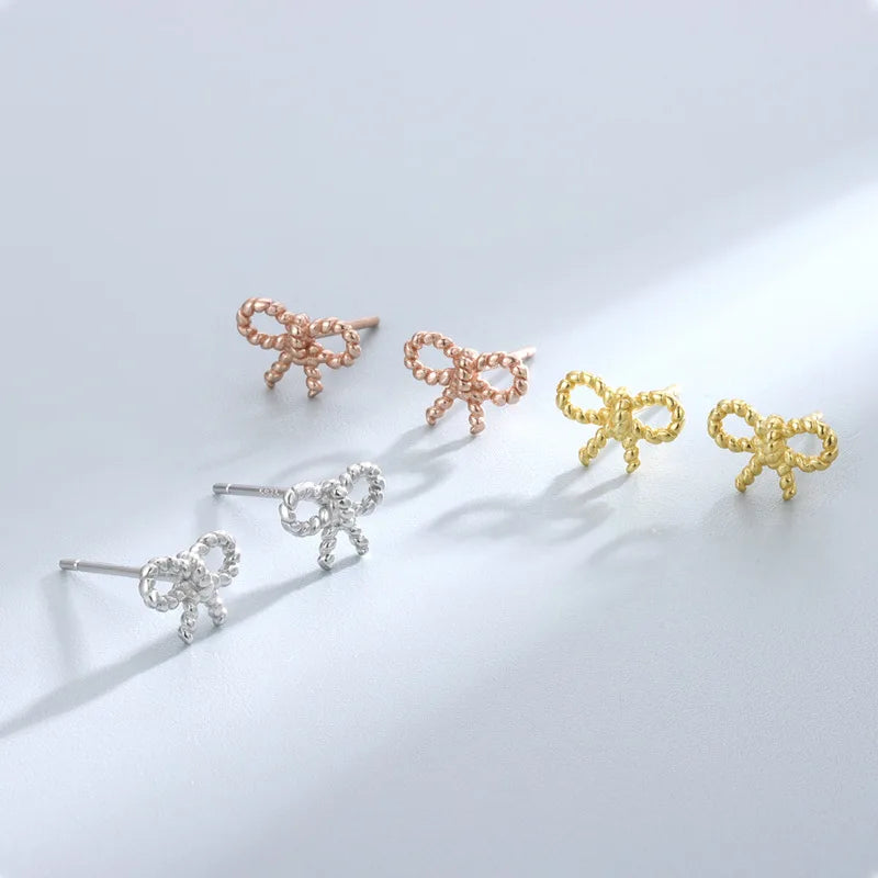 Wholesale Fashion Jewelry 925 Sterling Silver Small Earrings Twist Rope Shape Bow Knot Gold Plated Stud Earrings for Women