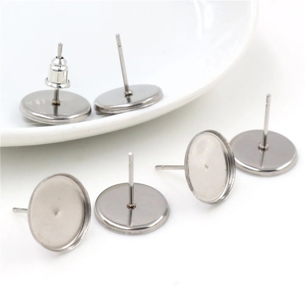 20pcs  8/10/12mm No Fade Stainless Steel Earring Studs Blank Base Bezel TraysFit 8-12mm Glass Cabochons DIY Jewelry Findings
