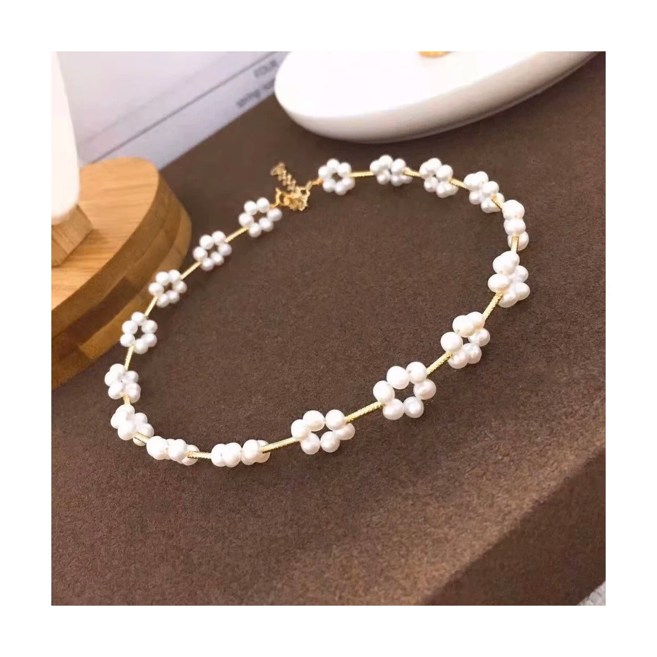 Handmade 14k Gold Plated Freshwater Pearl Necklace Custom 3-4mm Link Chain Jewelry Romantic Style with Beautiful Pearl Flowers