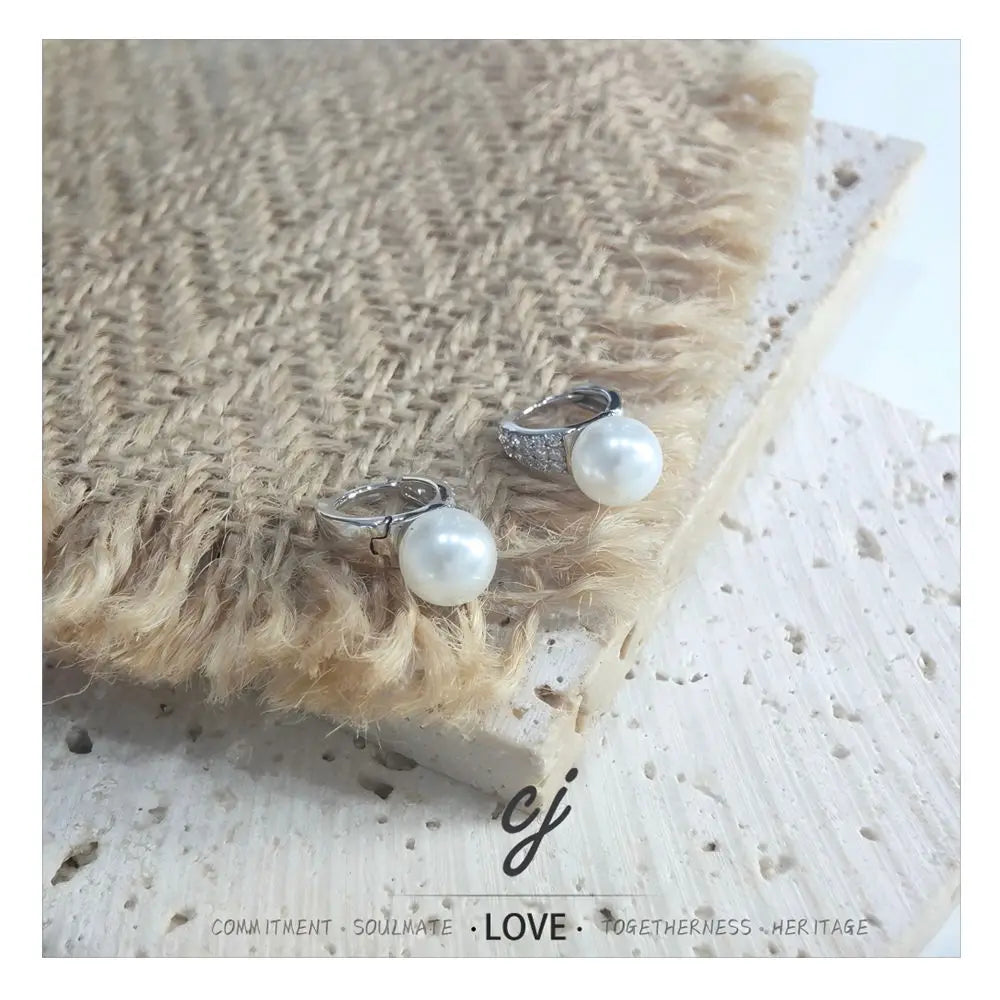 Carline Topsale 925 Sterling Silver Fine Jewelry Rhodium Plated  5A White Zircon Pearl Charm Drop Earrings Hoop for Women Girls