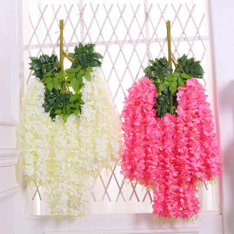 AF16001 Fast Delivery Wedding Decoration 12PCS Artificial Silk Purple White Wisteria Garland Hanging Flower Vine for Decor