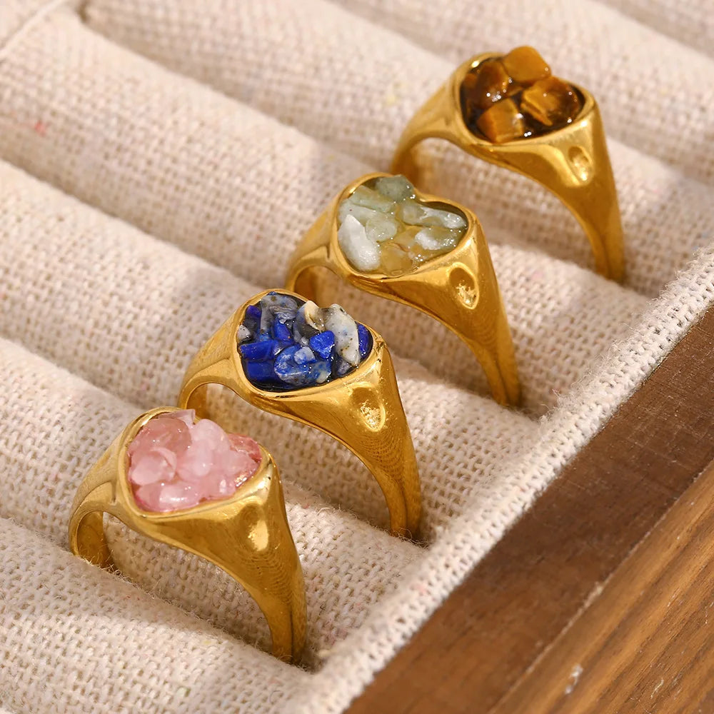 Trendy 18K Gold Plated 316L Stainless Steel Colorful Stone Ring Heart Ring for Women Unique Design Girl's Jewelry Manufacturer