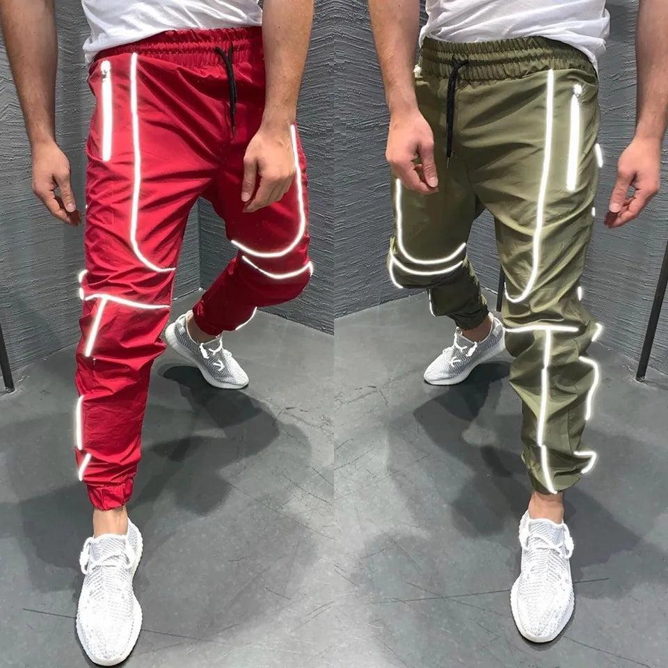 Casual Streetwear Plain Color Drawstring Nylon Mens Sweat Pants Joggers Trousers Reflective Pants