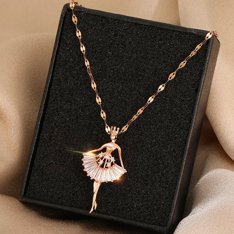 Stainless Steel Ballet Girl Necklace Design Rose Gold Zircon Clavicle Chain